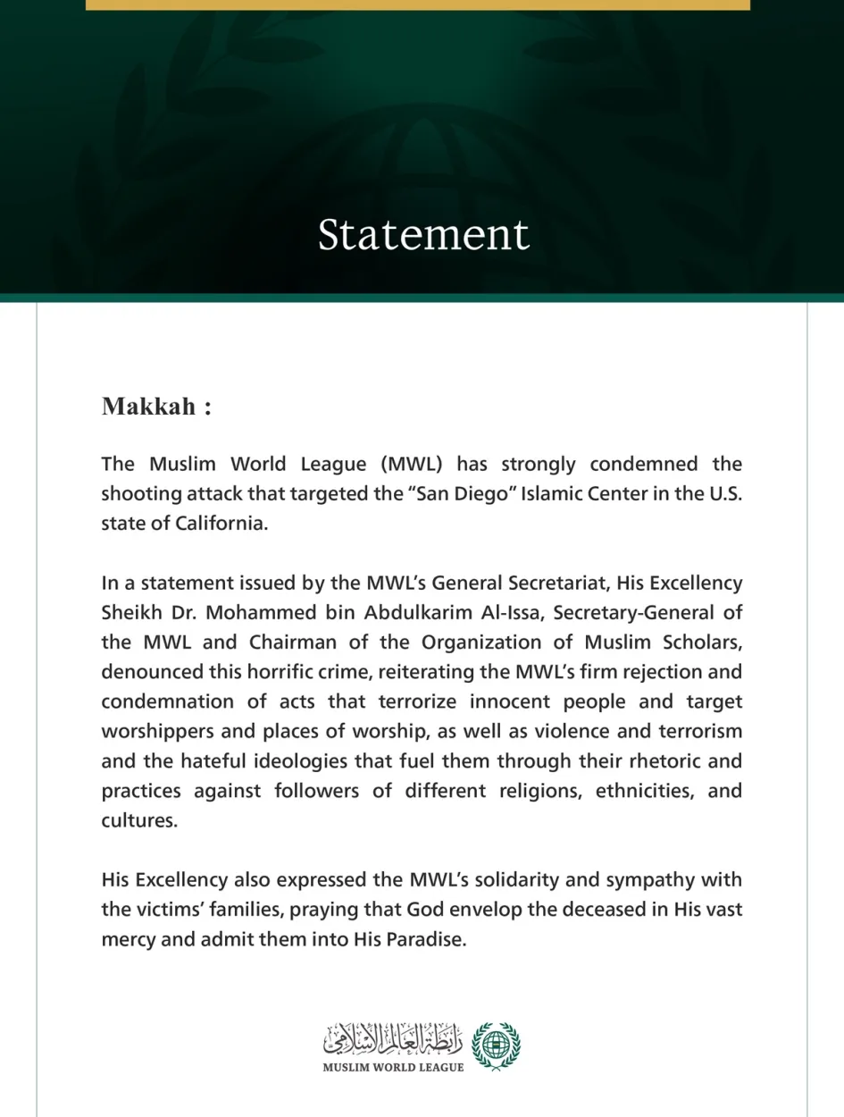The Muslim World League Condemns the Horrific Attack on the “San Diego ...