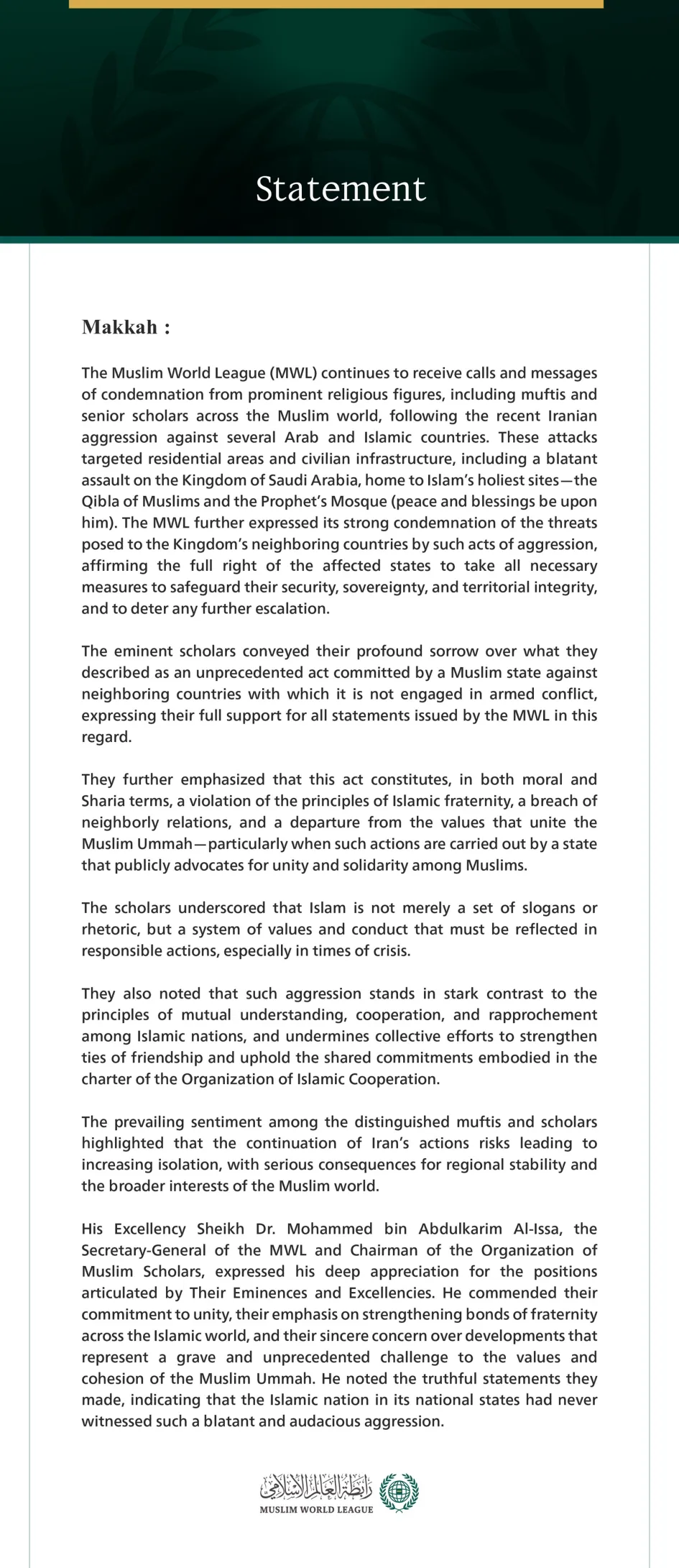 The Muslim World League Receives Numerous Calls and Messages of ...
