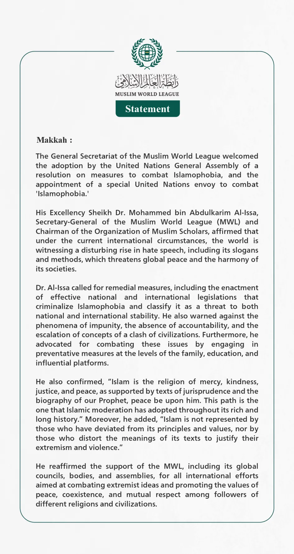 The Muslim World League Welcomes the Appointment of a United Nations ...