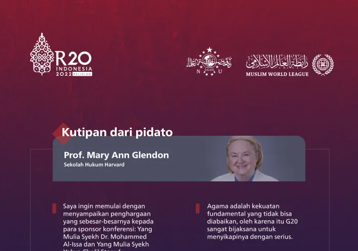 Dalam partisipasi universitas-universitas besar Amerika di R20: Poin-poin paling menonjol yang disampaikan oleh Prof. Mary Ann Glendon dari Sekolah Hukum Harvard, selama berpartisipasi dalam KTTR20 di Bali: