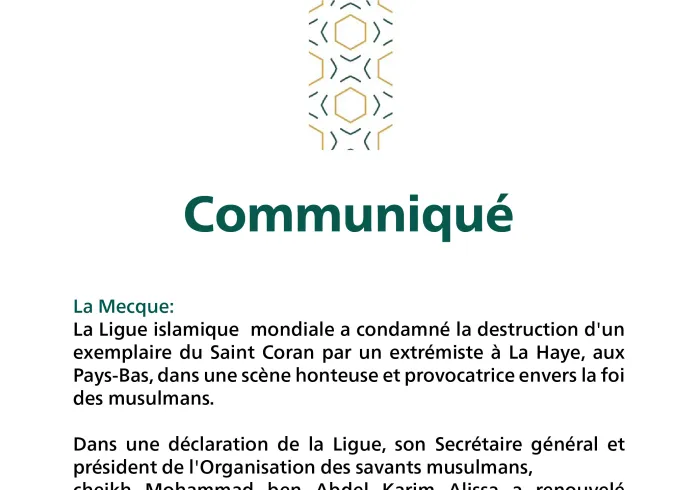 Communiqué de la LigueIslamiqueMondiale :