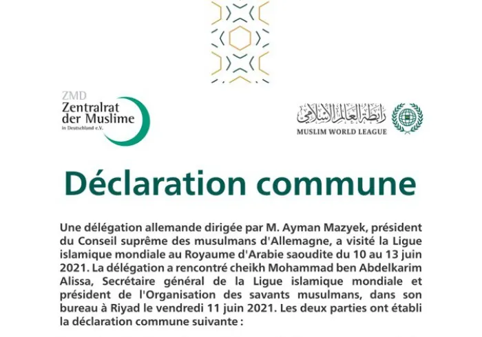 Pour renforcer la collaboration et promouvoir les valeurs de la citoyenneté et mettre en application la Charte Mecque Déclaration commune entre la Ligue Islamique Mondiale et le Conseil suprême des musulmans d’Allemagne: