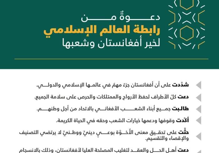 أبرز ما جاء في بيان رابطة العالم الإسلامي‬⁩ حول المستجدات في أفغانستان‬⁩ :