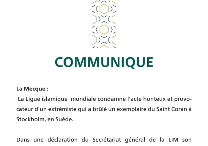 Communiqué de la LigueI slamique Mondiale :