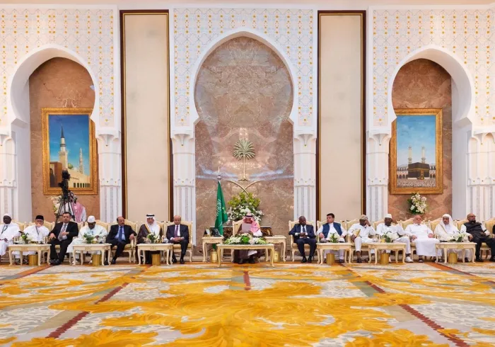 ‏ضيوف ⁧رابطة العالم الإسلامي⁩ يتشرفون بحضور حفل الاستقبال السنوي الذي أقامه ⁧خادم الحرمين الشريفين⁩ لأصحاب الفخامة والدولة وكبار الشخصيات الإسلامية 