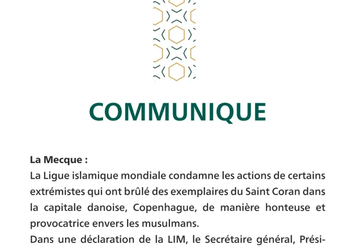 Communiqué de la LigueI slamique Mondiale :