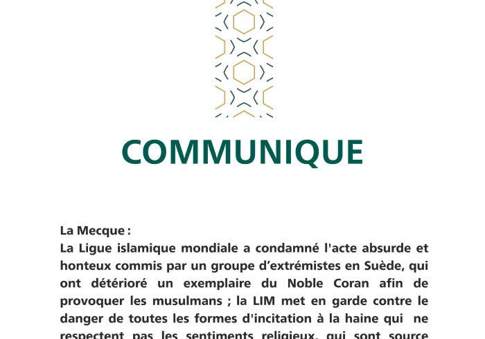 Communiqué de la LigueIs lamique Mondiale :