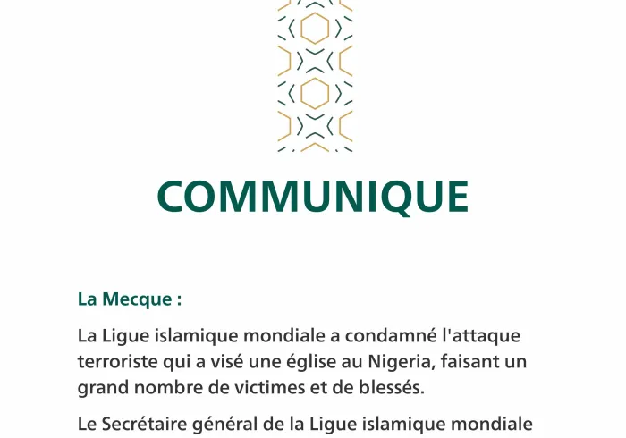 Communiqué de la Ligue Islamique Mondiale :