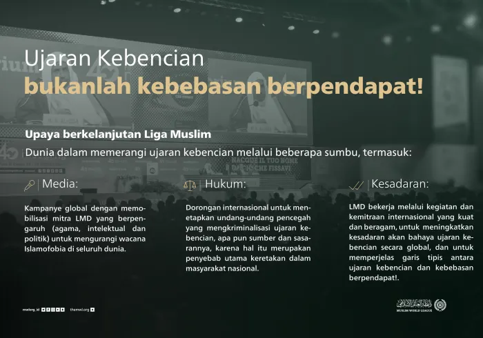 Ujaran kebencian bukanlah kebebasan berpendapat! Di poros hukum, media, dan kesadaran publik, rencana aksi Liga Muslim Dunia terus memerangi ujaran kebencian di seluruh dunia, khususnya “Islamofobia”.