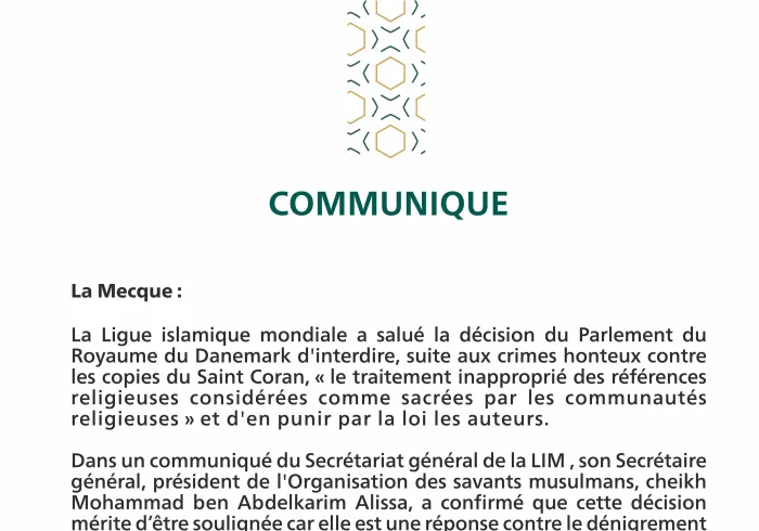 Communiqué de la Ligueislamiquemondiale :