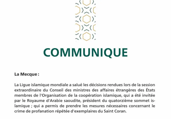 Communiqué de la Ligue Islamique Mondiale