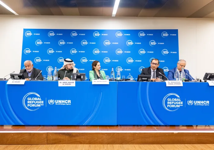 Yang Mulia Asisten Sekretaris Jenderal untuk untuk Komunikasi Korporat, Tuan Abdulwahab Al-Shehri, menyampaikan pidato LMD pada dialog organisasi di Forum Pengungsi Global, yang diadakan di Jenewa, di hadapan lebih dari seribu tokoh internasional