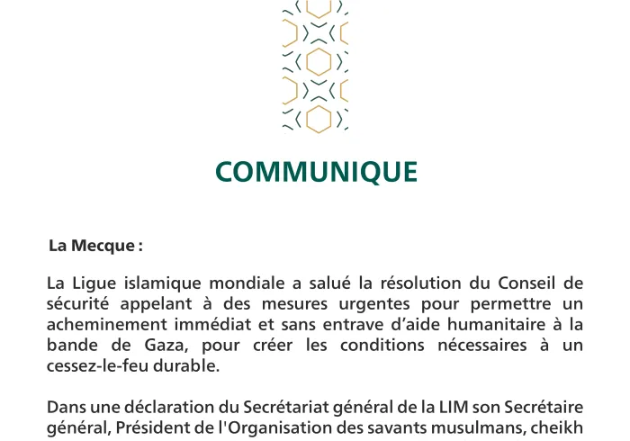 Communiqué de la Ligue islamique mondiale :