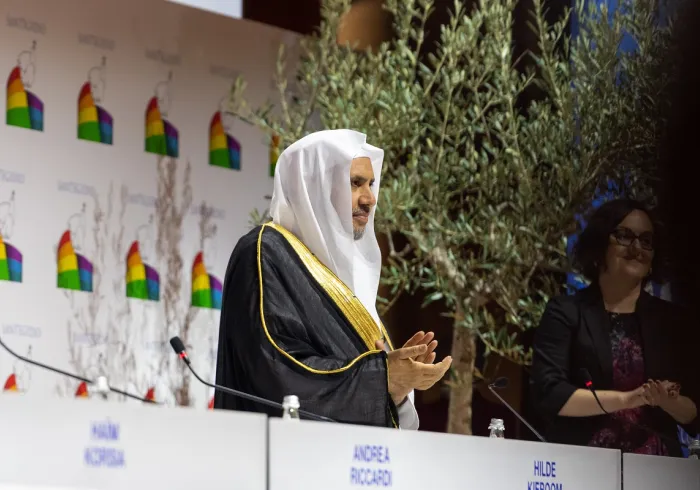 In the opening session, Dr. Al-Issa delivers a speech of the representatives of the Islamic religion in the largest gathering of peace backed by the Vatican and with the participation of the Pope and the Italian and French presidents