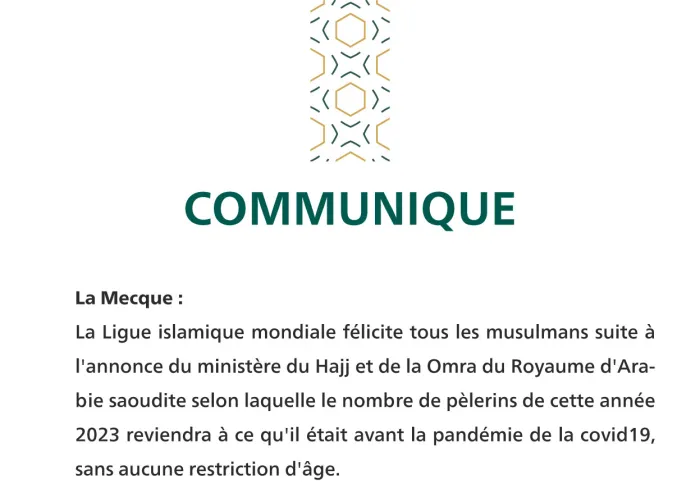 Communiqué de la LigueI slamique Mondiale :