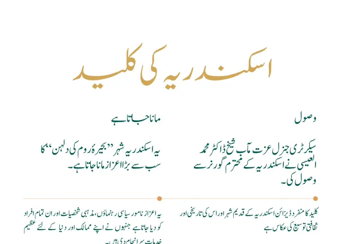 اسکندریہ کے گورنر محترم جناب محمد الشریف  سیکرٹری جنرل عزت مآب شیخ ڈاکٹر محمد العیسی کو  اسکندریہ کی کلید سونپ رہے ہیں۔