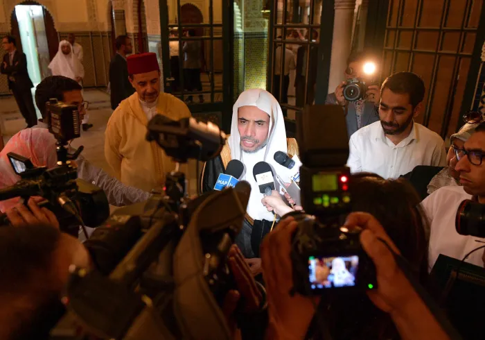 His Excellency the Secretary-General of the MWL Sheikh Dr. Mohammed Alissa giving a statement to the Moroccan media