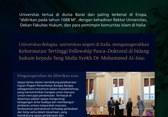 yang menganugerahkan gelar Kehormatan Pasca-doktoral dalam bidang Hukum kepada Yang Mulia Sekretaris Jenderal LMD, Ketua Organisasi Ulama Muslim, Syekh Dr. Mohammed Alissa 