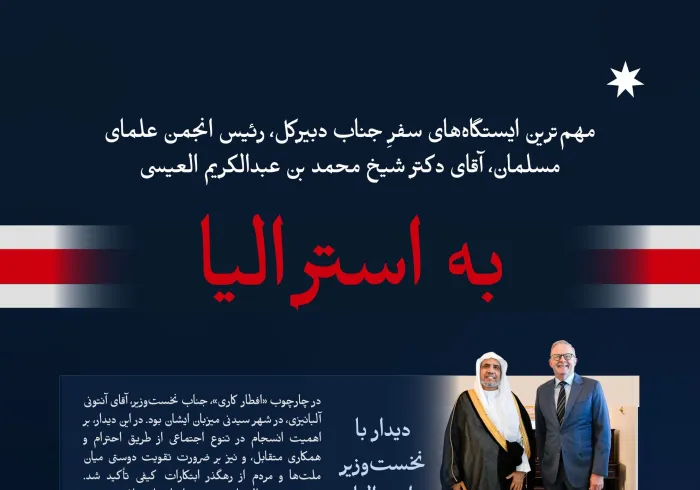 در اینجا مهم‌ترین ایستگاه‌های سفرِ جناب دبیرکل، رئیس انجمن علمای مسلمان، آقای دکتر شیخ محمد العیسی،    ارائه شده است :