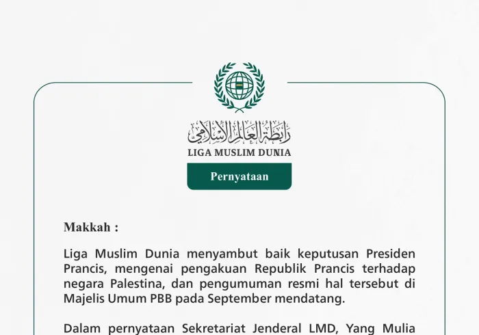 Liga Muslim Dunia menyambut baik keputusan Presiden Prancis, mengenai pengakuan Republik Prancis terhadap negara Palestina, dan pengumuman resmi hal tersebut di Majelis Umum PBB pada September mendatang.