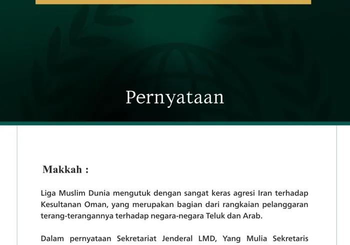 Liga Muslim Dunia mengutuk dengan sangat keras agresi Iran terhadap Kesultanan Oman, yang merupakan bagian dari rangkaian pelanggaran terang-terangannya terhadap negara-negara Teluk dan Arab.