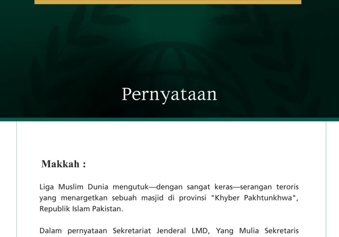 Liga Muslim Dunia Mengutuk Serangan Teroris yang Menargetkan Sebuah Masjid di Provinsi Khyber Pakhtunkhwa, Pakistan