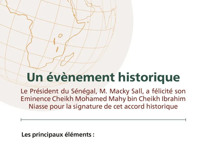 Le Président du Sénégal s'est félicité de la signature de l'accord historique" entre la LIM et le Prdt de l'Union Islamique Africaine, Cheikh Mahy Niasse, dont les principaux éléments sont :