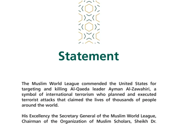 MWL commends US for targeting, killing Al-Qaeda leader Ayman Al-Zawahiri