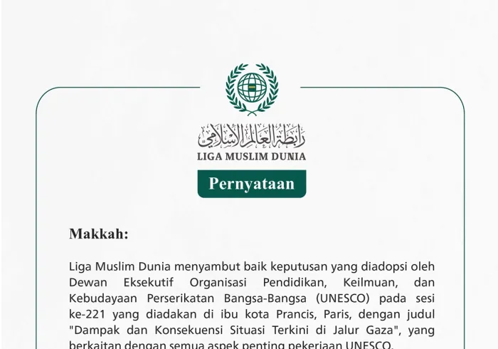Liga Muslim Dunia menyambut baik keputusan yang diadopsi oleh Dewan Eksekutif Organisasi Pendidikan