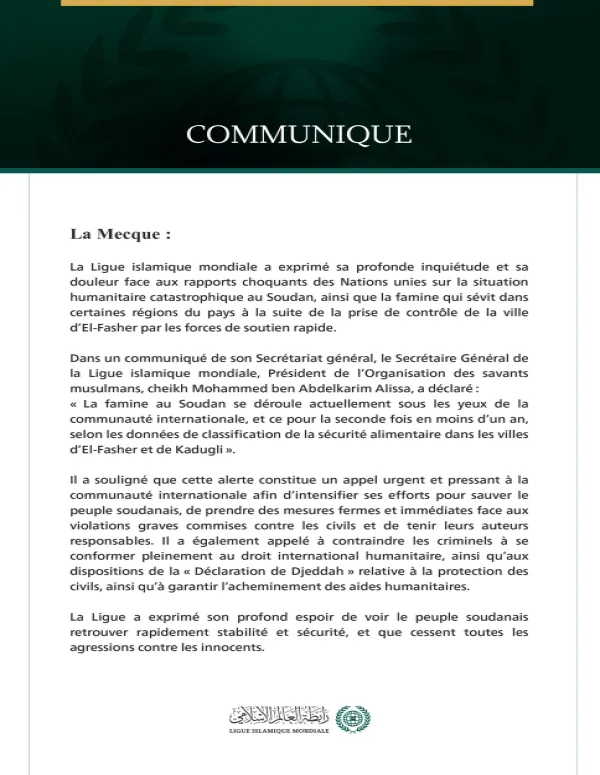 La Ligue islamique mondiale exprime sa profonde douleur face aux rapports onusiens alarmants sur la famine au Soudan