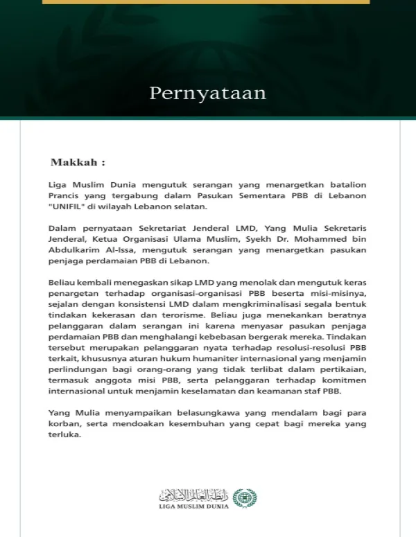 Liga Muslim Dunia Mengutuk Penargetan Batalion Prancis yang Tergabung dalam Pasukan "UNIFIL" di Lebanon Selatan