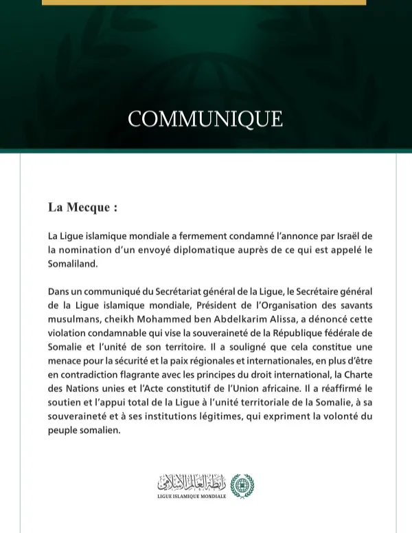 La Ligue islamique mondiale condamne l’annonce par Israël de la nomination d’un envoyé auprès de ce qui est appelé le Somaliland