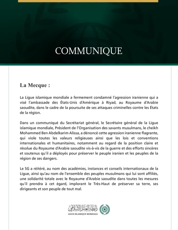 La Ligue islamique mondiale condamne l’agression iranienne contre l’ambassade des États-Unis à Riyad