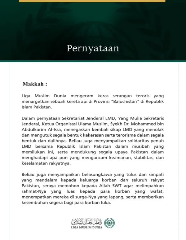 Liga Muslim Dunia Kecam Serangan Teroris terhadap Kereta Api di Provinsi "Balochistan" di Republik Islam Pakistan