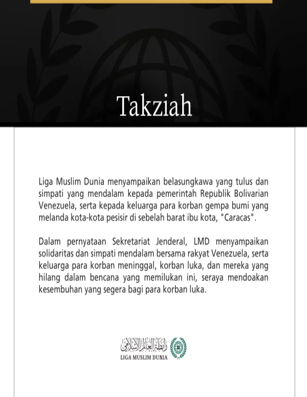 Liga Muslim Dunia Sampaikan Belasungkawa kepada Republik Venezuela atas Korban Gempa Bumi