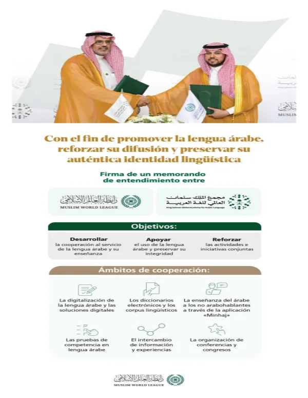 Con el fin de reforzar la cooperación institucional y alcanzar los objetivos comunes al servicio de la lengua árabe, se firmó un memorando de entendimiento entre la Liga del Mundo Islamico y el Complejo Mundial Rey Salman para la lengua árabe. Estos son los principales puntos: