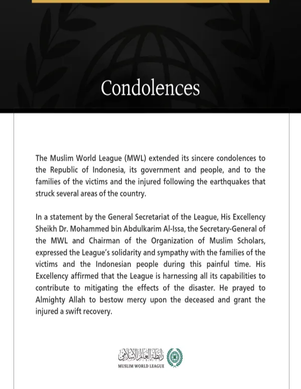 The Muslim World League Condoles Indonesia Over Earthquake Victims