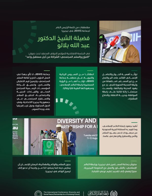 ‏مقتطفاتٌ من كلمة الرئيس العام لجماعة JIBWIS في جمهورية نيجيريا الاتحادية، فضيلة الشيخ د. عبدالله بلالو، خلالَ انطلاق مبادرةِ الرابطة للسِّلم المجتمعيّ في غرب أفريقيا: