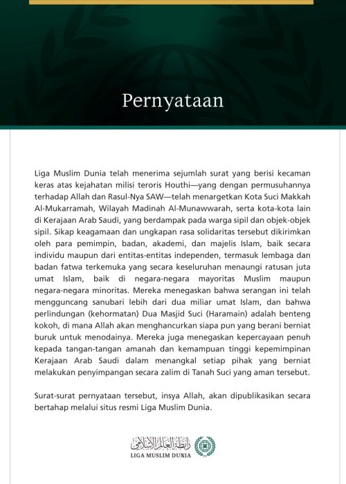 Pernyataan Mengenai Sejumlah “Sikap Keagamaan” dan “Ungkapan Solidaritas” yang Diterima LMD Terkait Kejahatan Milisi Teroris Houthi