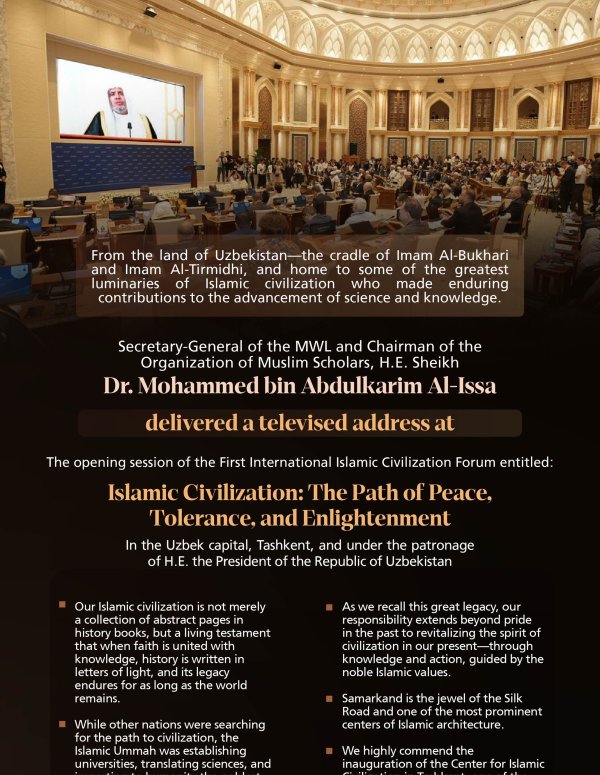 Highlights from the televised address by H.E. Sheikh Dr. Mohammed Al-Issa , the Secretary-General of the Muslim World League and Chairman of the Organization of Muslim Scholars, at the opening session of the First International Islamic Civilization Forum 