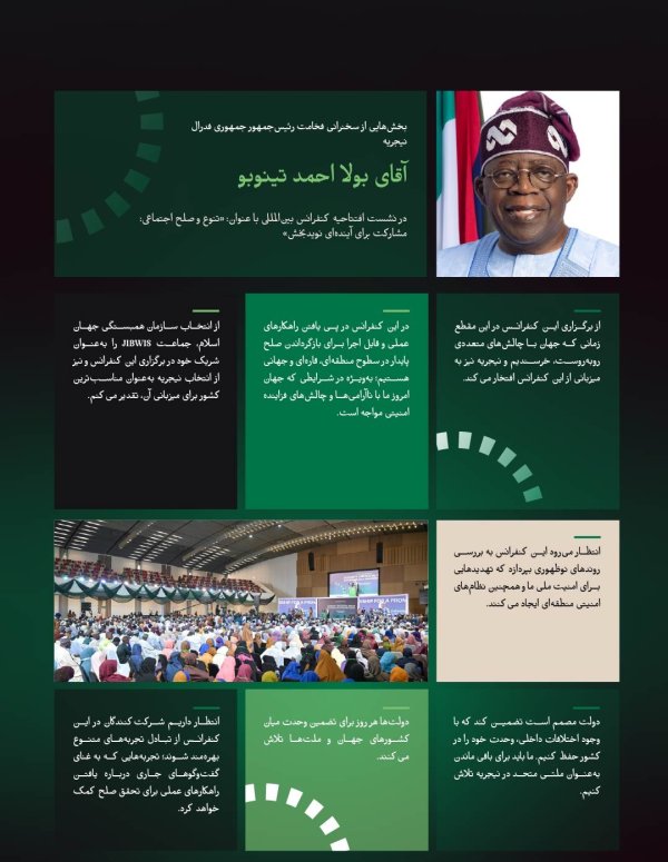 گزیده هایی از سخنرانی فخامت رئیس‌جمهور جمهوری فدرال نیجریه، آقای بولا احمد تینوبو، در جریان حمایت ایشان از آغاز ابتکار سازمان همبستگی جهان اسلام برای صلح اجتماعی در غرب آفریقا: