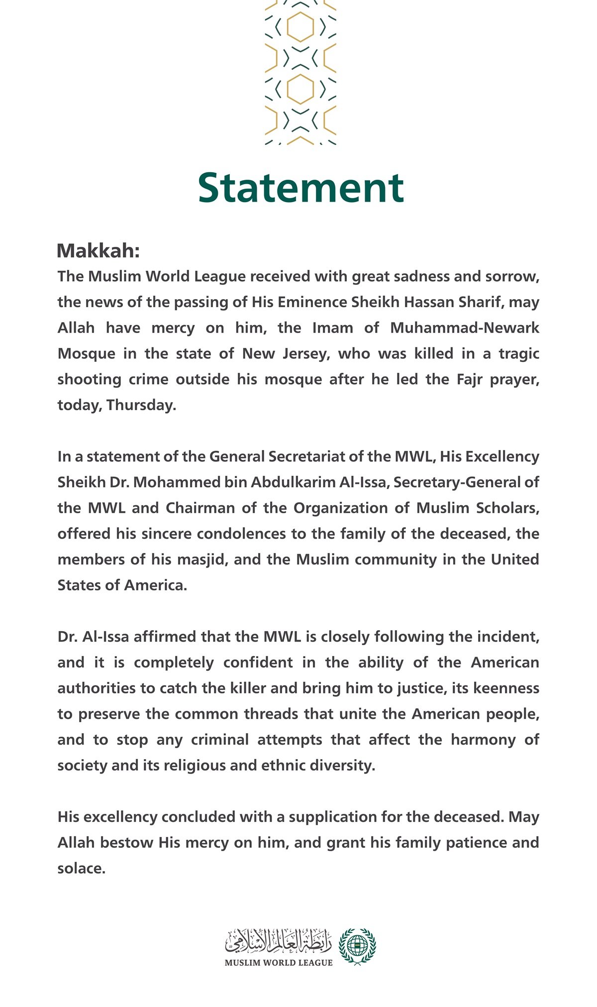 Statement on the Killing of Imam Hassan Sharif in New Jersey
