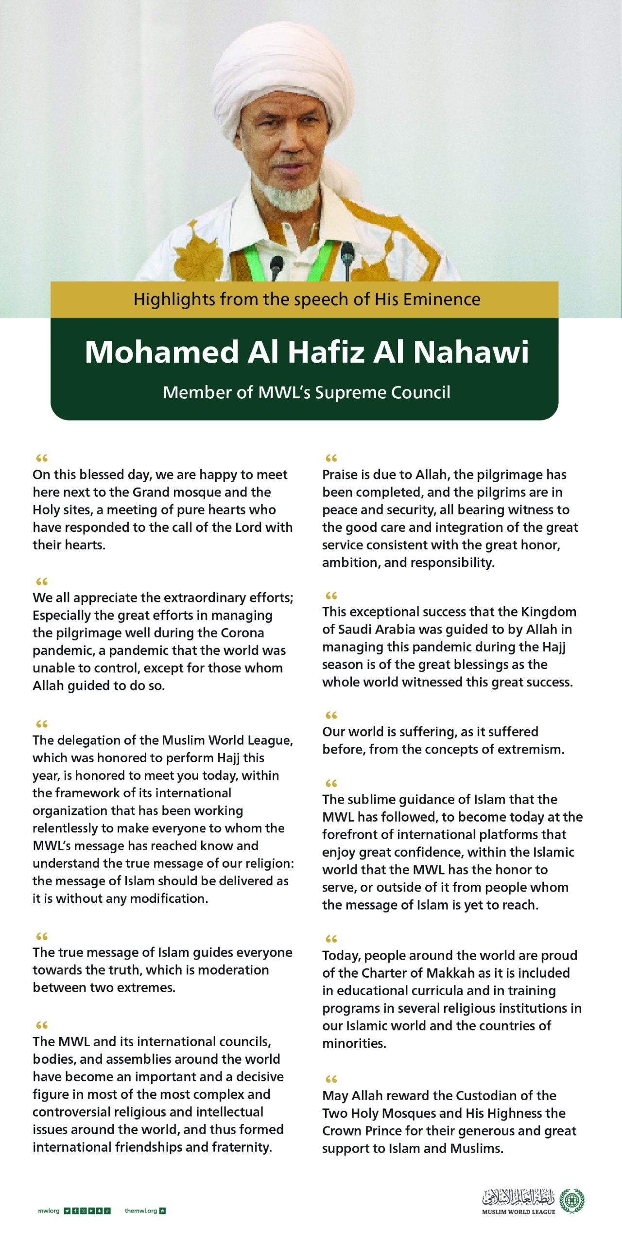 On behalf of the MWL, His Eminence Mohamed Al Hafiz Al Nahawi, President of the African Scholars Forum and member of the MWL Supreme Council, government officials and Islamic dignitaries who performed Hajj this year.