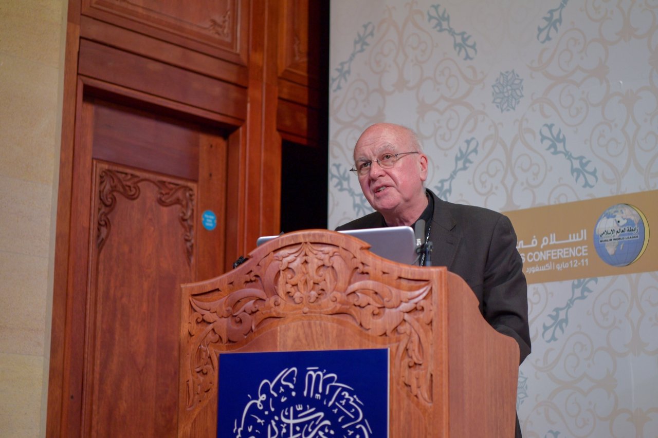 Vatican Representative, Archbishop Emeritus of Southwark & Chair of the Bishops' Conference Committee for Other Faiths, the Most Rev. Kevin McDonald speaks at the inaugural session of the Conference on Peace in the Revealed Religions by MWL in Oxford.