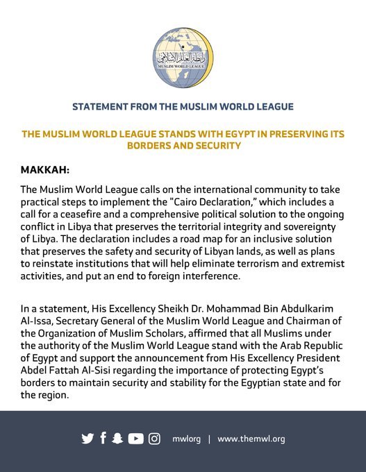 The Muslim World League supports the Cairo Declaration and stands with Egypt in preserving its borders and security