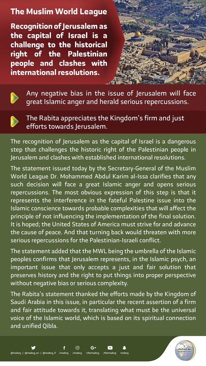 The Muslim World League issues a statement on Jerusalem: