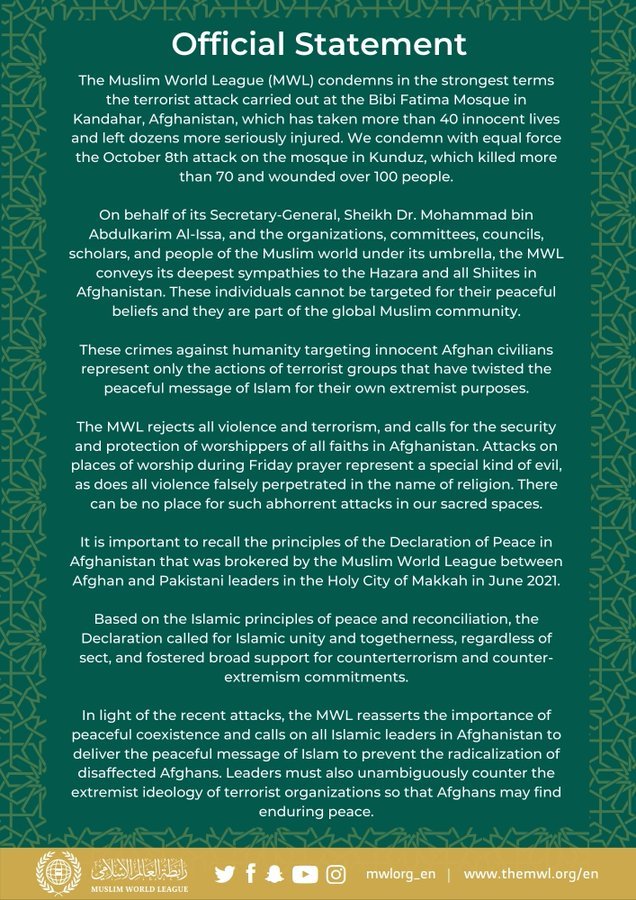 Statement from the Muslim World League on the recent mosque attacks in Afghanistan