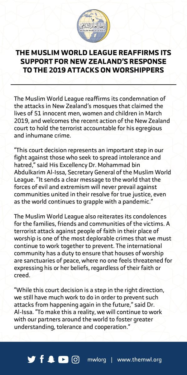 The Muslim World League reaffirms its support for New Zealand's response to the 2019 Christchurch attack on worshippers