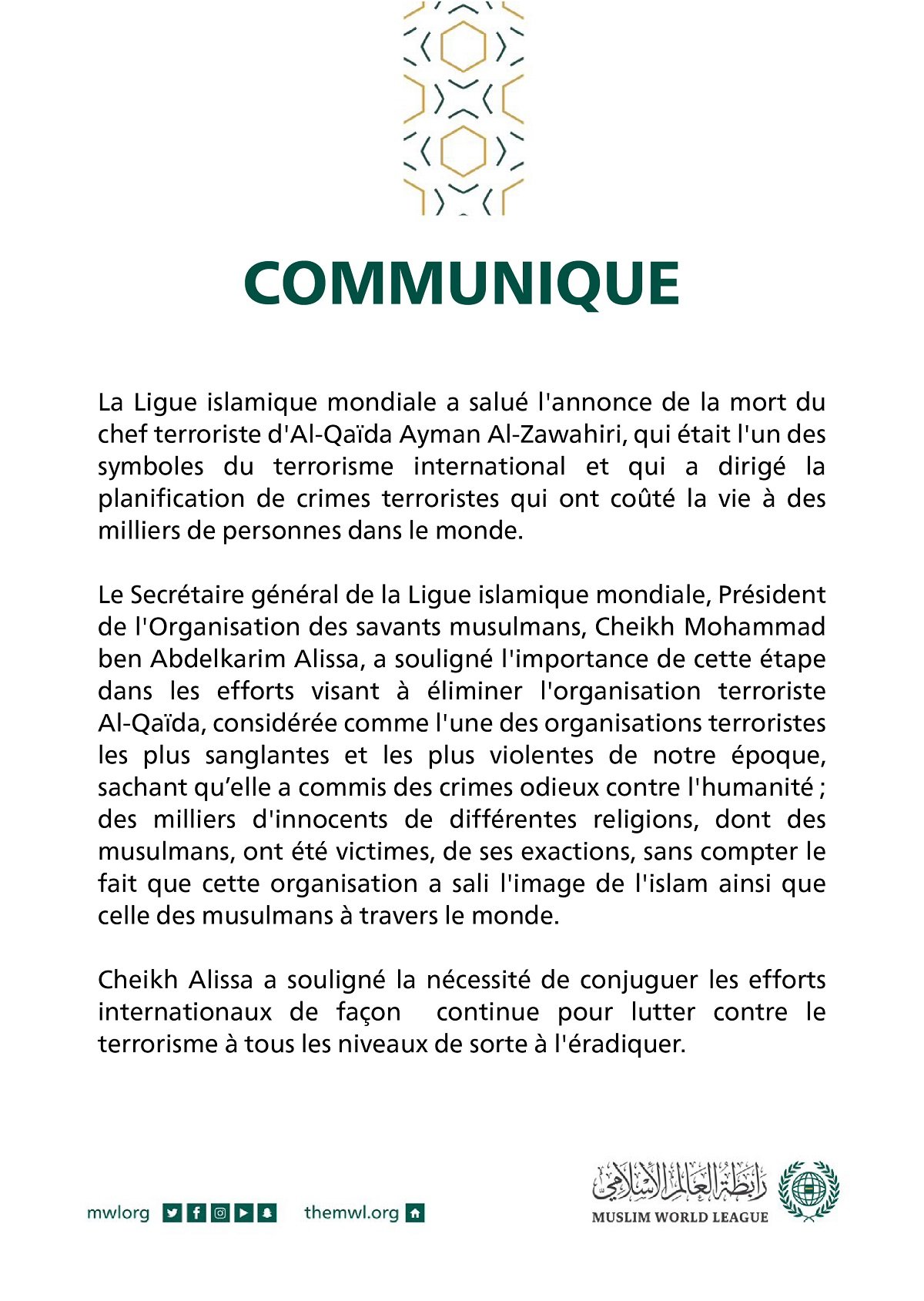 Communique de la Ligue Islamique Mondiale :
