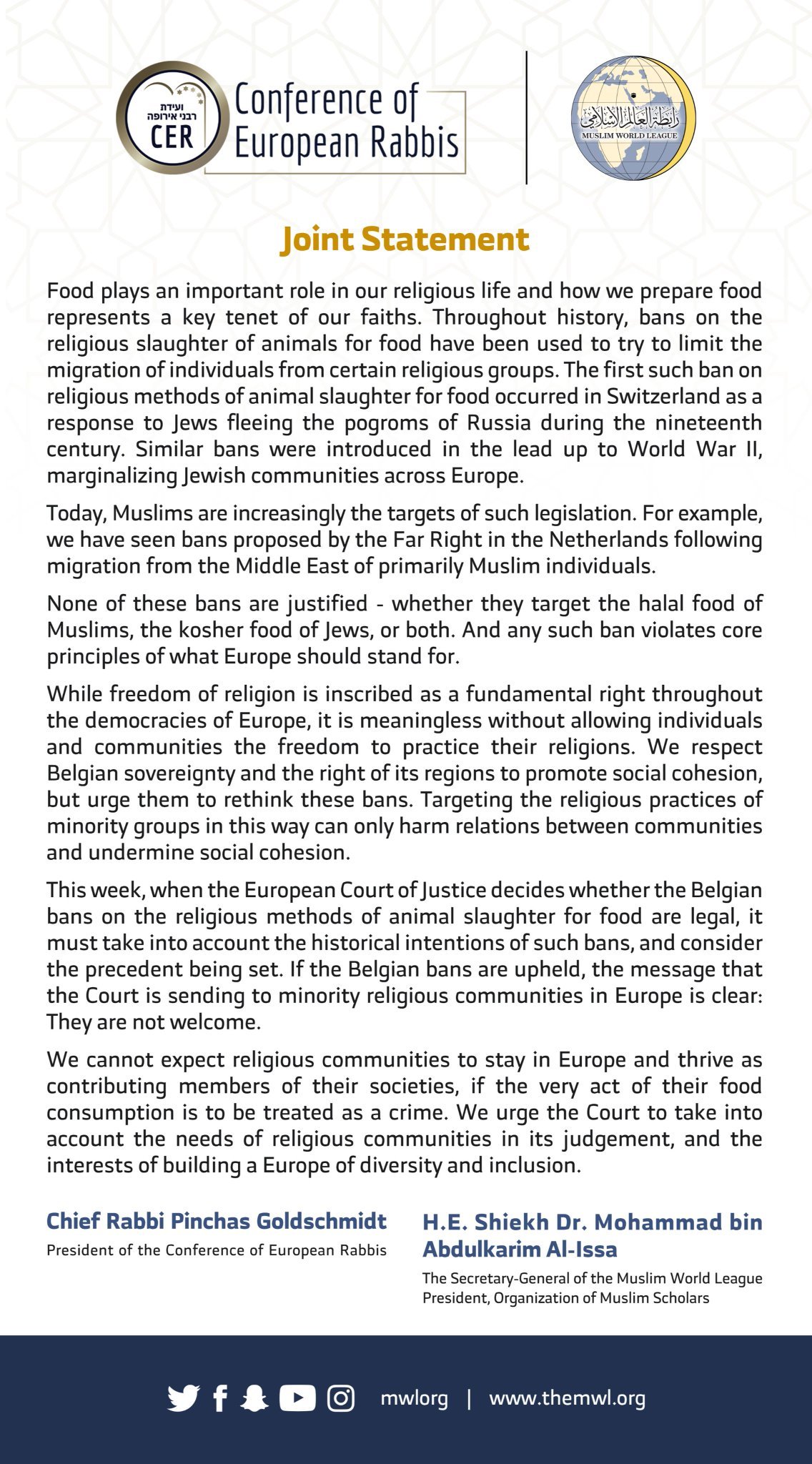 Earlier this month, MWL issued a joint statement with europeanrabbis